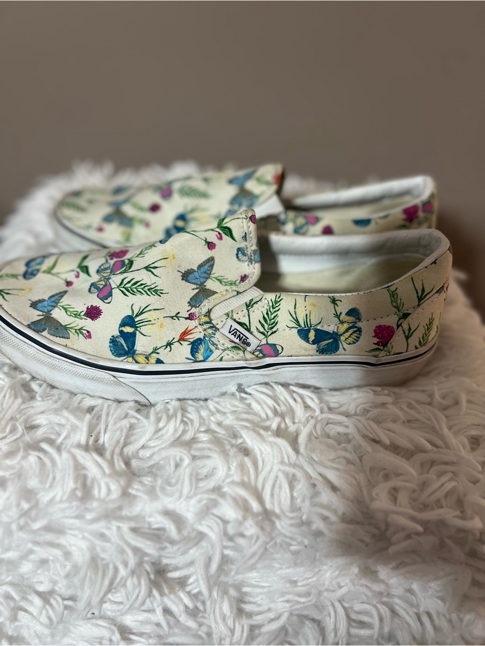 Vans Slip-On Butterfly Floral Canvas Shoes - Cream/Blue/Pink
